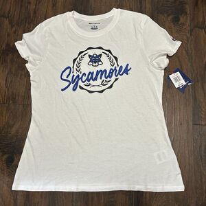 Indiana State SYCAMORES Champion T Shirt White Blue logo Women Large NWT